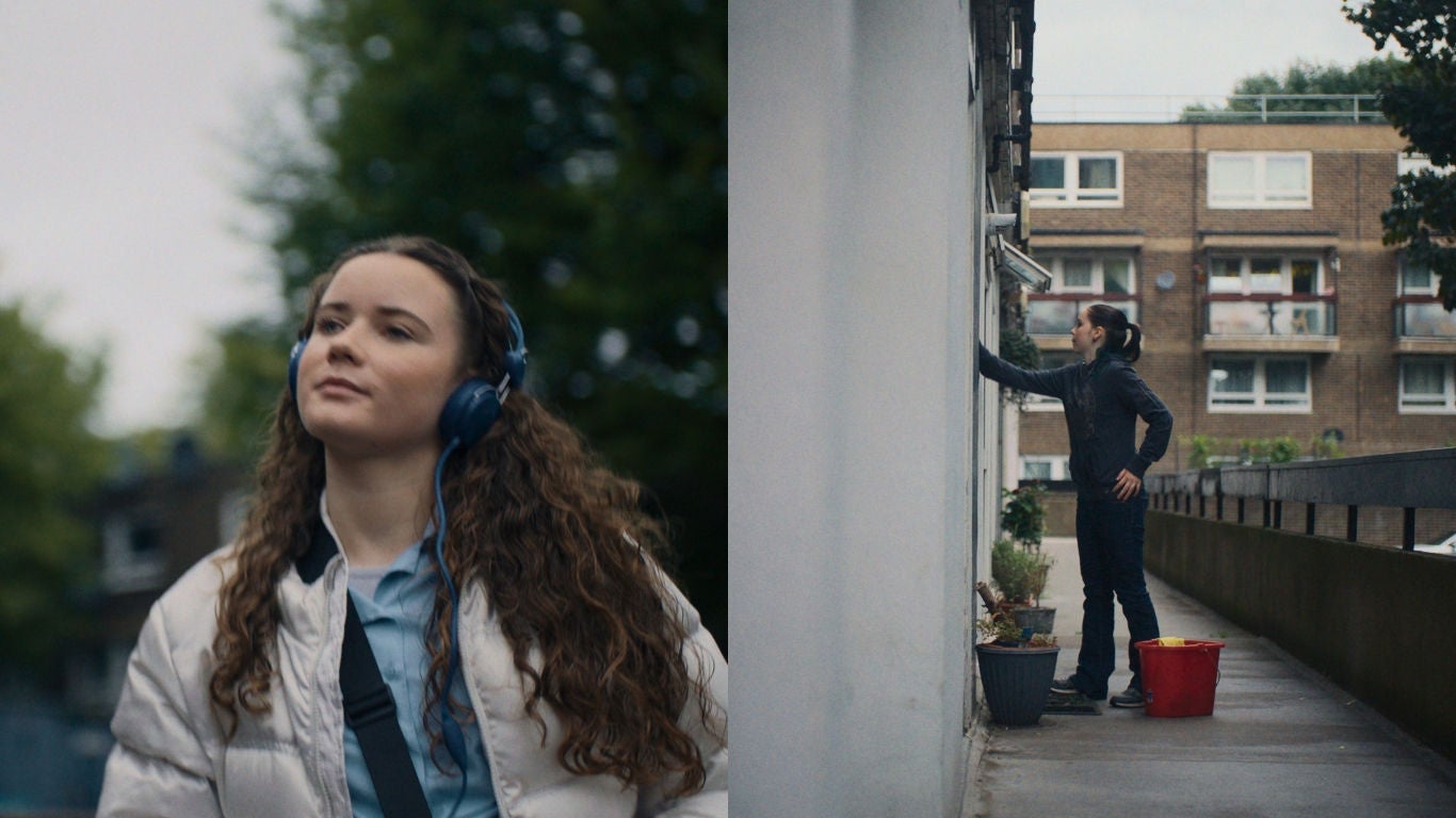 One young person listening to music on a walk, one young person knocking on the door to a flat with a bucket by their feet