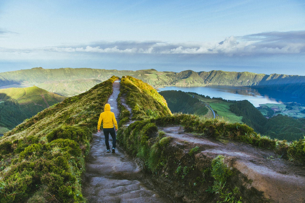 Sao Miguel island in the Azores from viewpoint with the Cete Cidades volcano crater and lagoon inside.